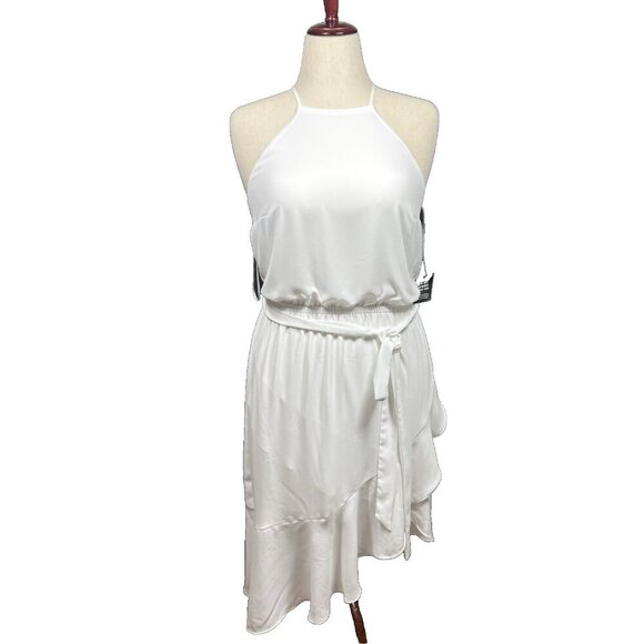 Express High Neck Asymmetrical Ruffle Wrap Fit And Flare Dress White Size Medium - Picture 2 of 8